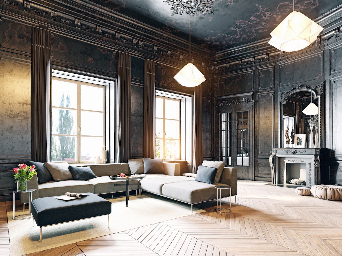 Fabric upholstery sectional sofa and area rug in living room